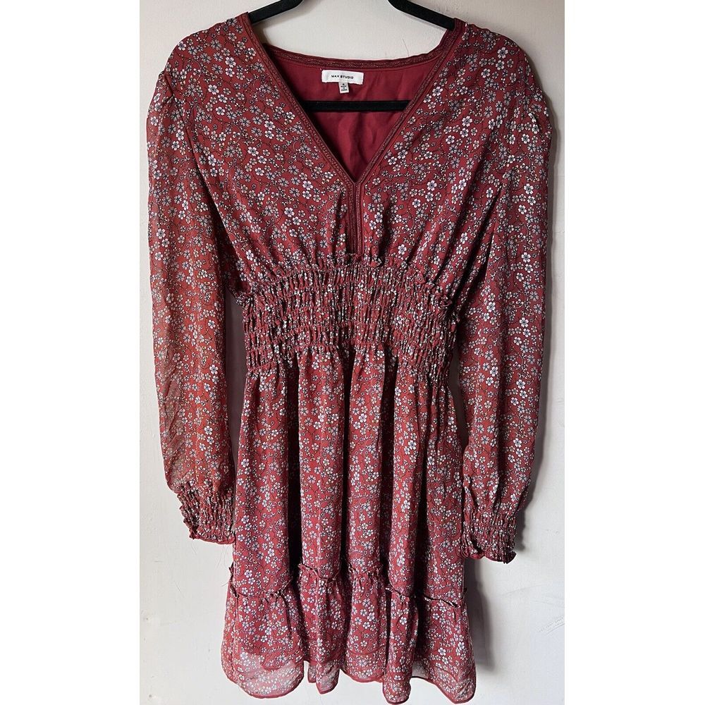 💚 Max Studio Ruffle V Neck Burnt Orange Boho Floral Long Sleeve‎ Dress Small